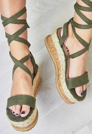 TROPEZ KHAKI LACE UP FAUX SUEDE ESPADRILLE FLATFORMS