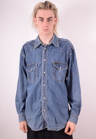 WRANGLER MENS VINTAGE DENIM SHIRT MEDIUM BLUE 90S