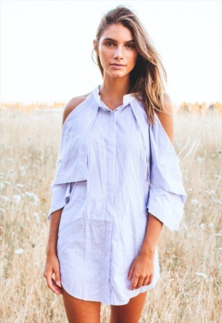 STRIPED COLD SHOULDER SHIRT DRESS