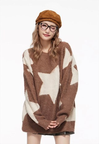 FLUFFY SWEATER STAR PRINT FLEECE KNITTED SOFT JUMPER BROWN