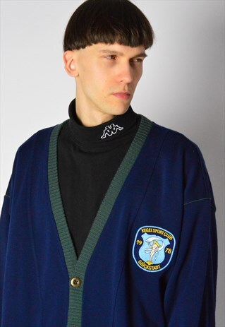 VINTAGE 90S NAVY BLUE PATCH WOOL BLEND CARDIGAN