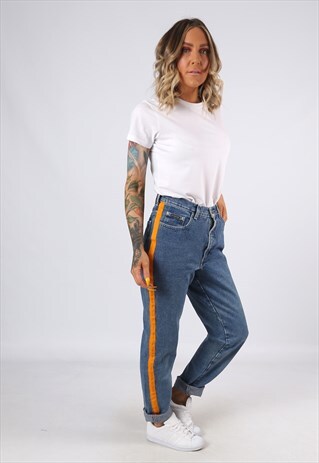 HIGH WAISTED SIDE STRIPE REWORKED JEANS TAPERED UK 12 (31Y)