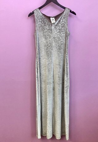 VINTAGE 1990S PEARL GREY VELOUR MAXI DRESS