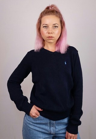 VINTAGE 90'S RALPH LAUREN V-NECK COTTON KNIT JUMPER IN NAVY