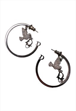 Dior Hoop Oblique Monogram Dove Earrings Silver 