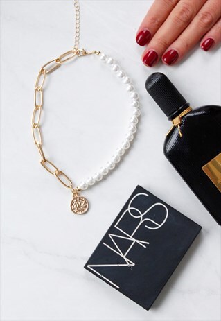 GOLD & PEARL COIN CHOKER STATEMENT NECKLACE