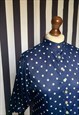VINTAGE 80S BLUE BLOUSE, WHITE POLKA DOTS, PUFF SLEEVES, UK8