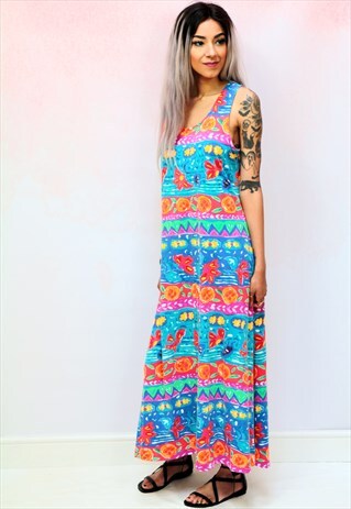 1990S VINTAGE MULTICOLOURED JERSEY MAXI BEACH DRESS