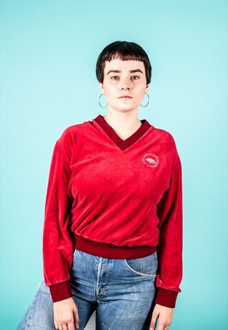 VINTAGE SWEATER IN RED VELOUR WITH EMBROIDERY LOGO