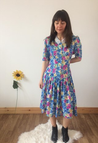 VINTAGE 80S FLORAL LACE COLLAR MIDI DRESS
