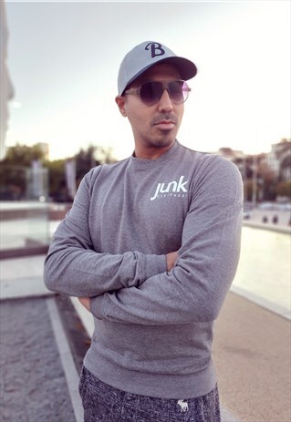 CREW NECK GREY SWEATSHIRT VELVET JUNK BOARD GRAPHIC PRINT
