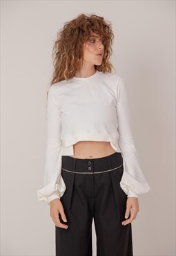 Sweatshirt knitted top with crossed ribbed trim 