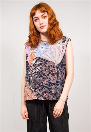 VINTAGE 90'S BLACK & PINK FLORAL PRINT VEST TOP