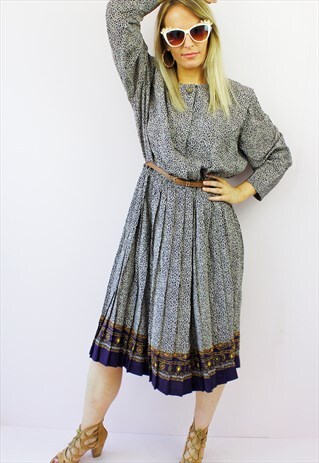 VINTAGE 80'S CHAIN PRINT LONG SLEEVE MIDI DAY DRESS