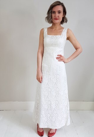 VINTAGE 60'S LACE MAXI PROM WEDDING DRESS W/ GREEN RIBBON