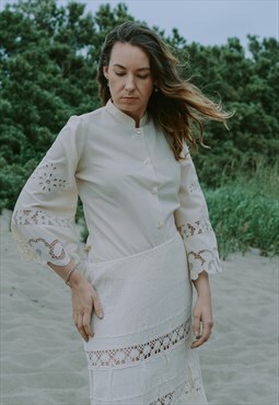 Boho shirt hippie lace beige blouse 3/4 bell shaped ethinc L