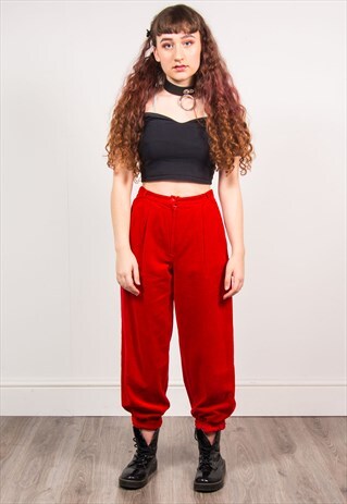 90'S RED VELVET HIGH WAIST TAPERED TROUSERS