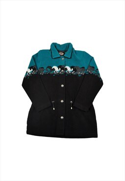 Vintage Fleece Jacket Retro Pattern Green/Black Ladies M