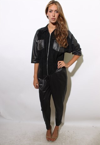 VINTAGE 1980'S 80'S BLACK CROC EMBOSSED JUMPSUIT BOILER L-XL