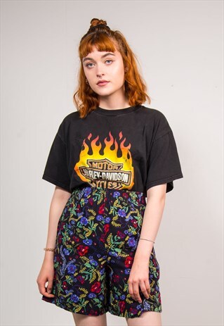 90'S VINTAGE BLACK FLORAL PATTERN SUMMER CULOTTES SHORTS