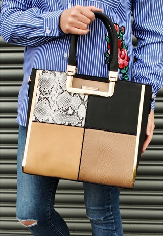 SPLIT DECISION BLACK TAN MULTI PATCHWORK TOTE BAG