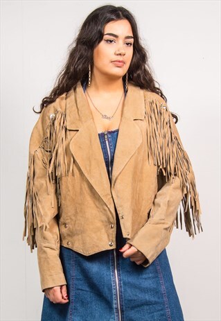 VINTAGE 80'S BEIGE SUEDE TASSEL FRINGE JACKET