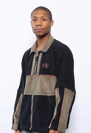 VINTAGE DIADORA LOGO VELOUR JACKET BLACK BROWN
