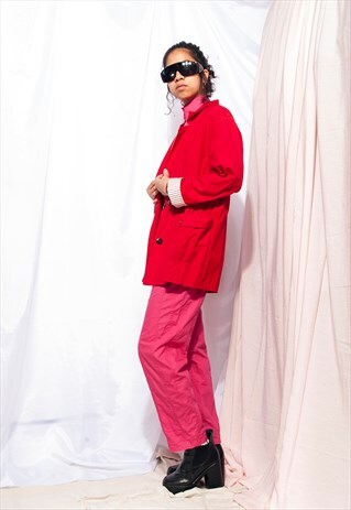 VINTAGE BLAZER COAT 80S RED DOUBLE BREASTED LONG JACKET