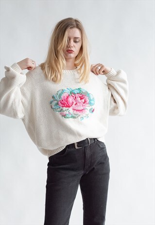 VINTAGE 80S PARIS CHIC JUMPER WITH ROSE PATTERN