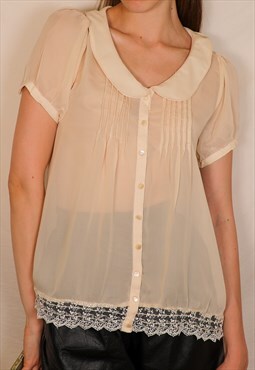 Beige Vintage 90s lace and round collar transparent shirt