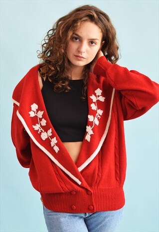 80'S RETRO OVERSIZED KNIT EMBROIDERY CARDIGAN TOP