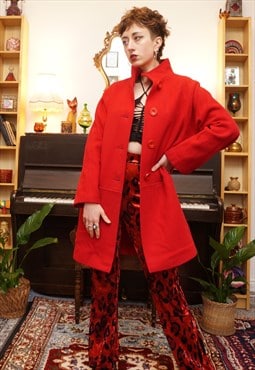 Vintage 80s Bright Red Pure New Wool Coat