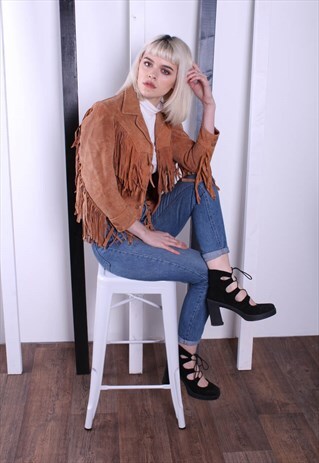 VINTAGE 70S BROWN SUEDE TASSEL FRINGED JACKET. OVERSIZED
