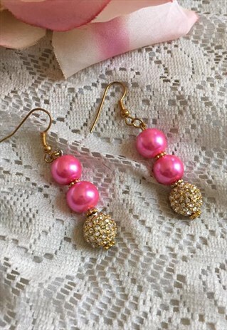VAMASAKI SWAROVSKI CRYSTAL PINK GOLD PEARL DROP EARRINGS