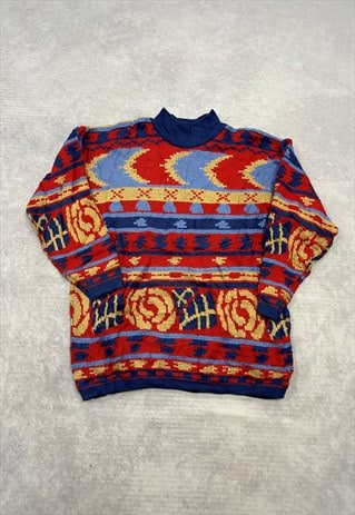 VINTAGE KNITTED JUMPER ABSTRACT PATTERNED BRIGHT KNIT