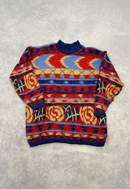 Vintage Knitted Jumper Abstract Patterned Bright Knit