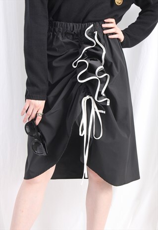 (KOREAN) RUCHED RUFFLE TRIMS NYLON SKIRT BLACK