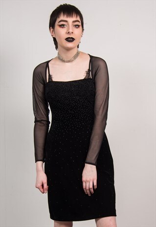 VINTAGE 90'S BLACK VELVET & MESH STUDDED MINI DRESS
