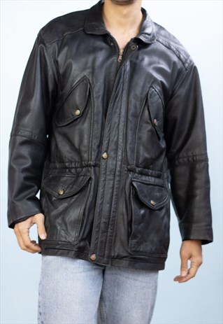 VINTAGE LEATHER JACKET CHEST POCKET IN BLACK M
