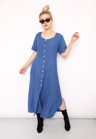 VINTAGE 90S BLUE COTTON LINEN BUTTON MIDI DRESS