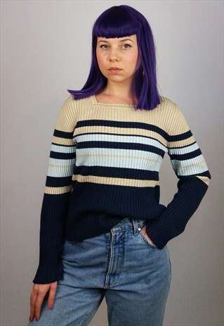 VINTAGE 90'S RIBBED KNIT SQUARE NECK STRIPED JUMPER/ SWEATER