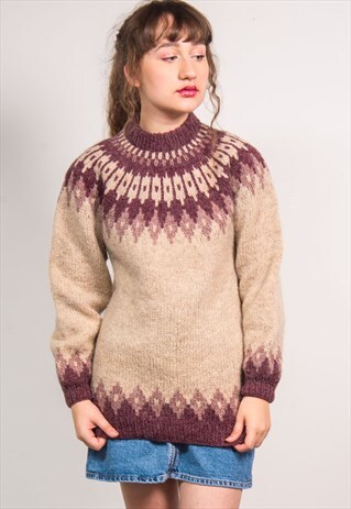 VINTAGE 90'S BEIGE & PURPLE KNIT PATTERN WOOL JUMPER