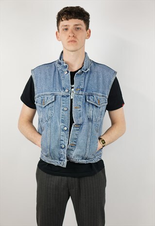 VINTAGE HARLEY-DAVIDSON SLEEVELESS DENIM PRINT JACKET