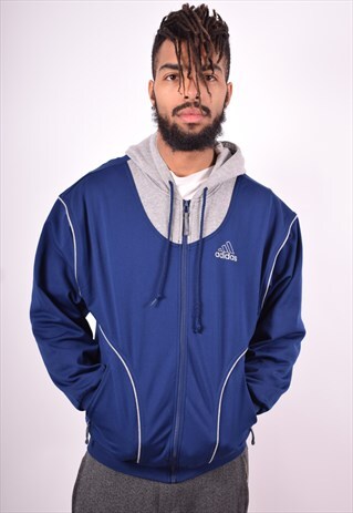ADIDAS MENS VINTAGE HOODIE JACKET SMALL BLUE 90'S