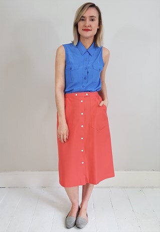VINTAGE 80'S ORANGE WHITE POPPERED MIDI SKIRT