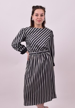 VINTAGE 80'S BLACK & GREY STRIPE PREPPY DRESS SIZE 8 TO 10