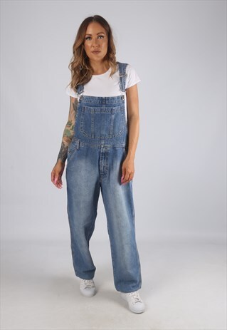 VINTAGE DENIM DUNGAREES WIDE LEG UK 14 LARGE (G2M)