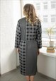 VINTAGE 70'S GREY/BLACK CHECKED/STRIPED HIGH NECK DRESS