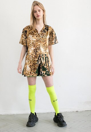 VINTAGE LEOPARD TRIBAL SHIRT BUTTON UP SHORT SLEEVED SATIN