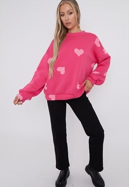 Justyouroutfit Love Heart Print Oversized Sweatshirt Pink